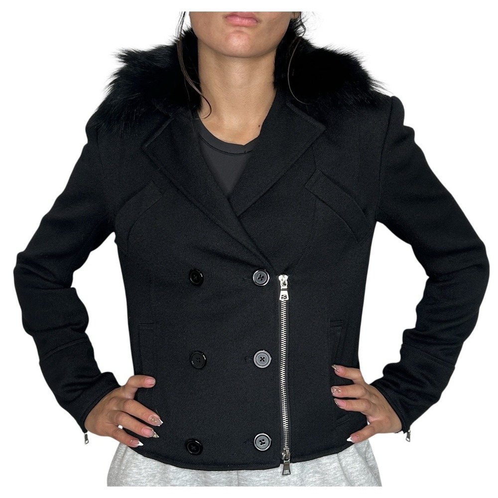 Jenni Kayne Wool Moto Peacoat Jacket XS Black Fox‎ Fur Trim Crop Designer Luxury